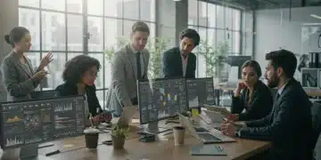 Professionals collaborating on technological innovations in a modern office.