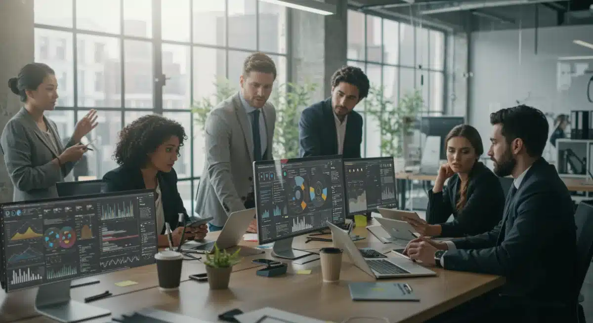 Professionals collaborating on technological innovations in a modern office.