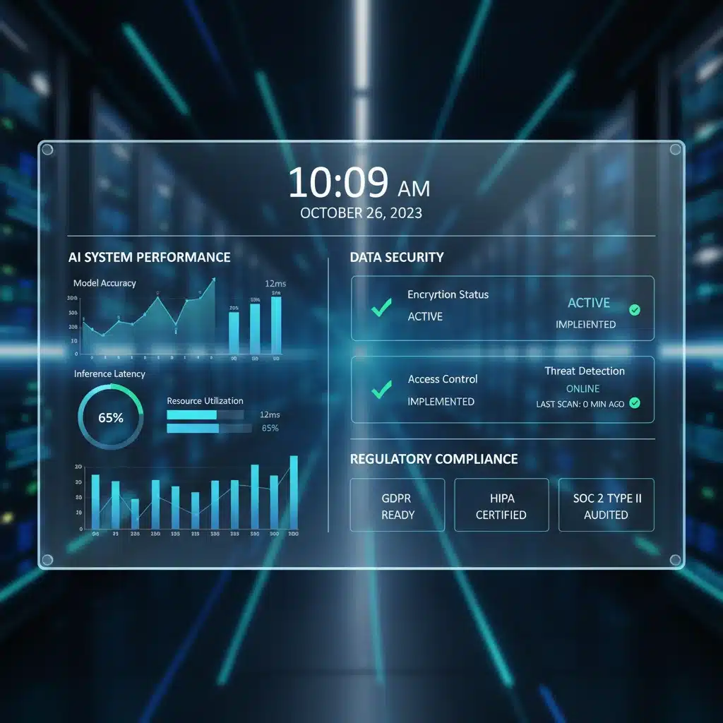 Digital dashboard showing AI system performance, data security, and compliance metrics.