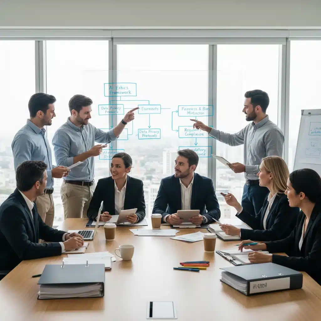 Team of professionals discussing AI ethics and data governance for compliance.
