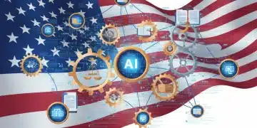 Illustration of AI systems, legal documents, and gears symbolizing AI regulation and compliance for US startups.