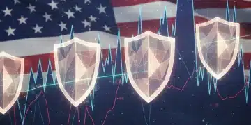 Dynamic crypto market charts with protective shield, representing advanced hedging strategies for US investors.