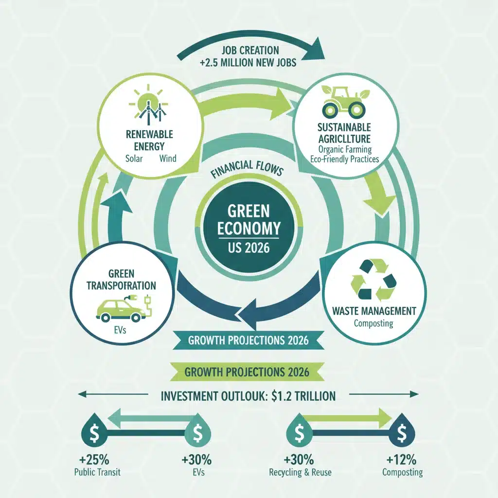 Infographic detailing key sectors and investment opportunities within the green economy in the US.