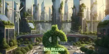 Illustration of a sustainable city with green energy infrastructure, representing the booming green economy in the USA.