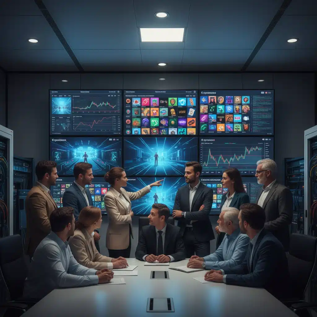 Diverse investors analyzing NFT marketplaces and cryptocurrency charts.