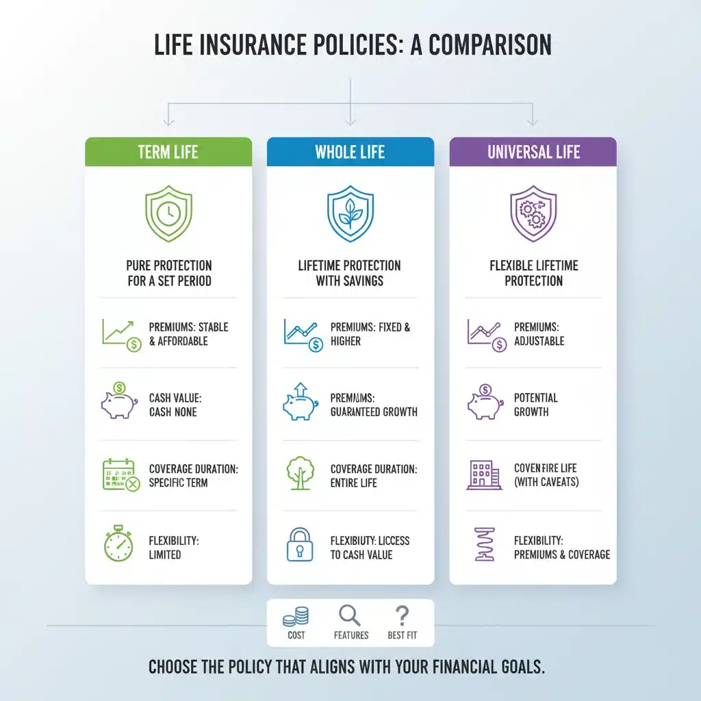 Infographic comparing different types of life insurance policies: Term, Whole, and Universal Life.