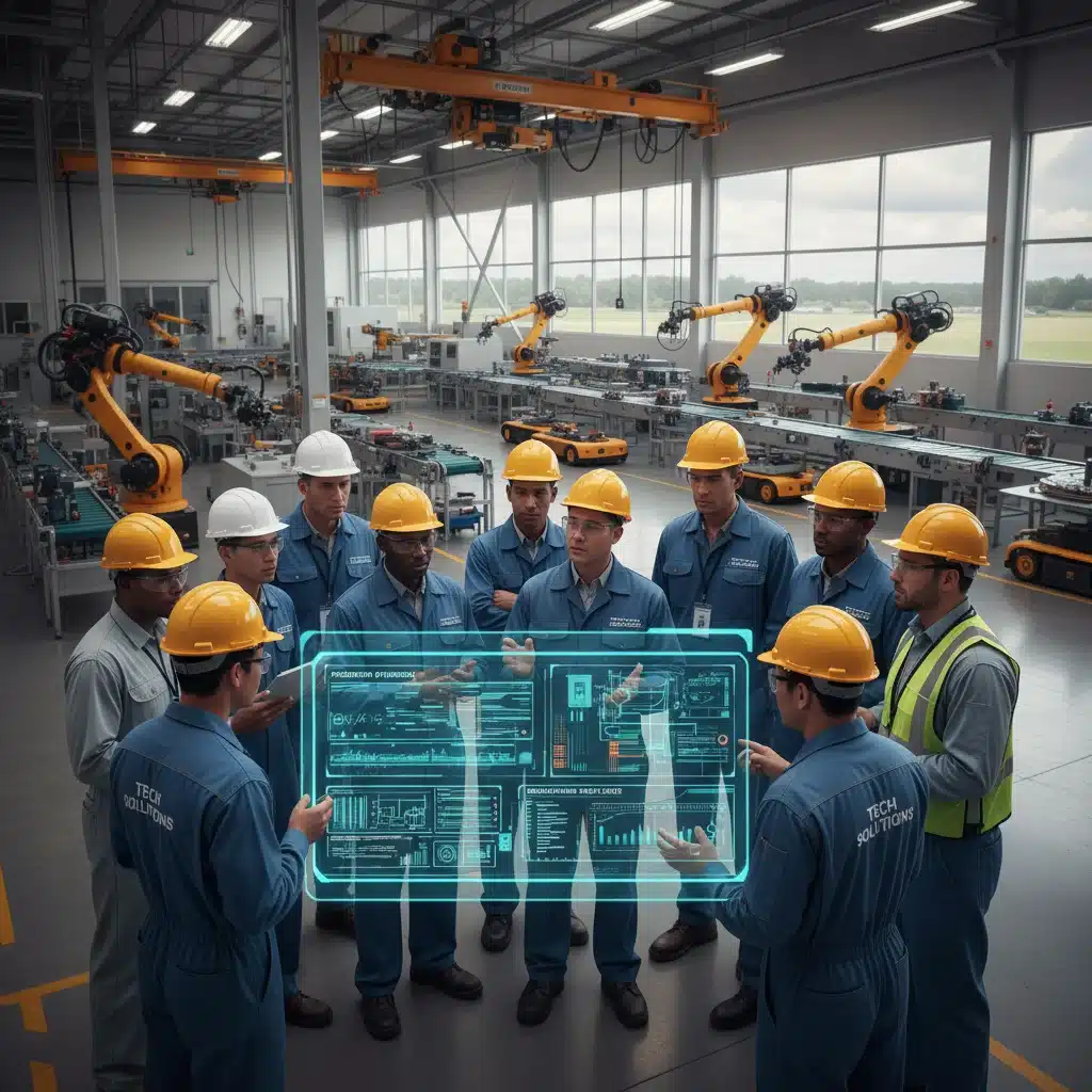 Team of engineers collaborating to optimize automated manufacturing processes, utilizing data analytics.