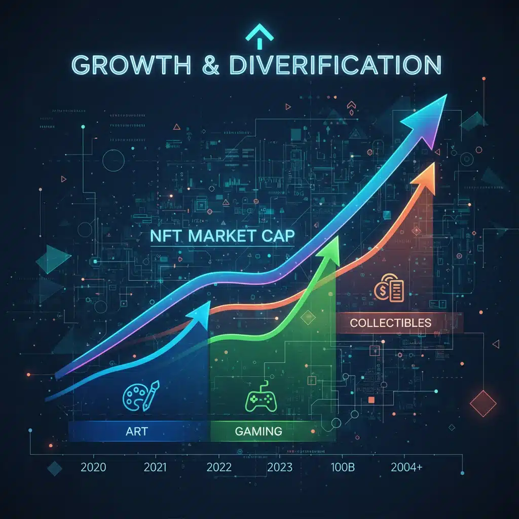 Infographic depicting the growth and diversification of the NFT market.
