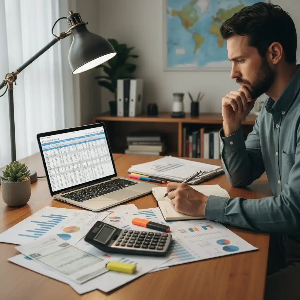 Individual reviewing personal finances and budgeting for future security, including life insurance.
