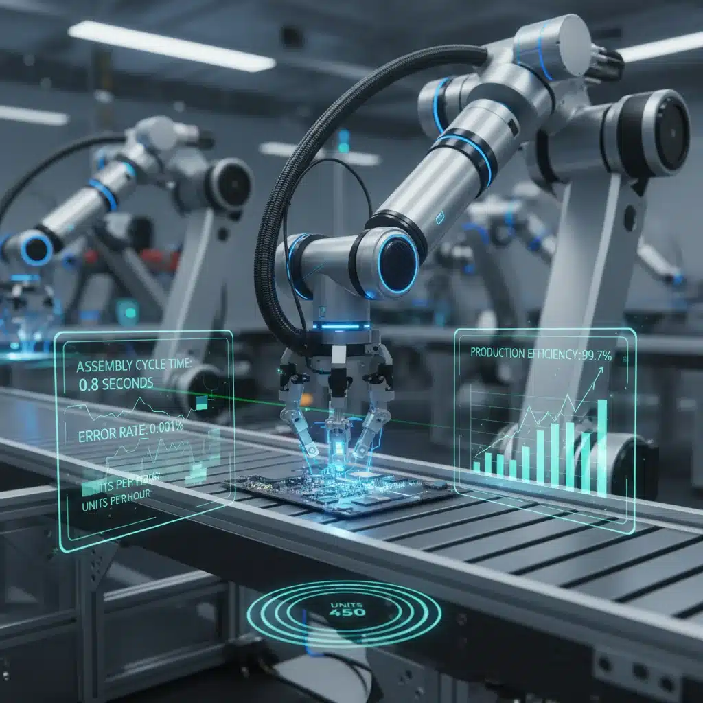 Robotic arm meticulously assembling components on an automated US manufacturing line, demonstrating precision.