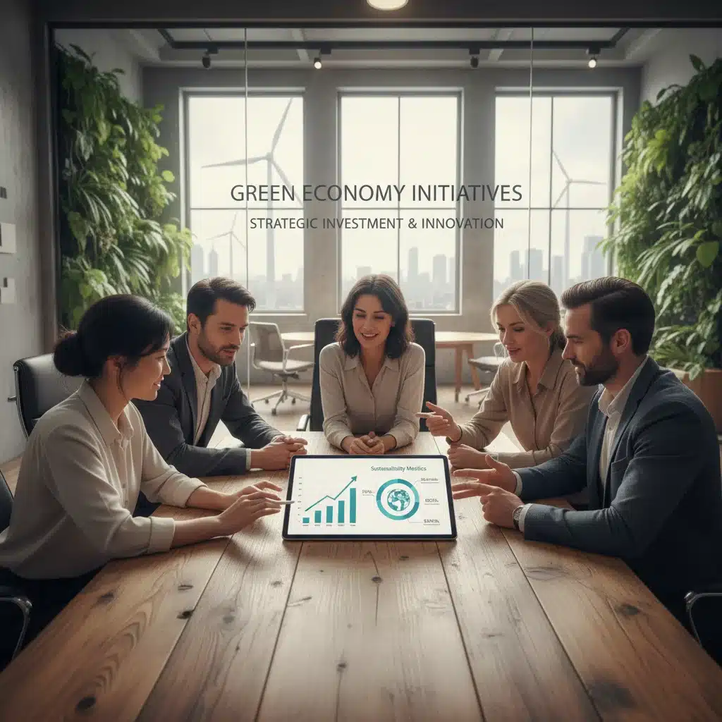 Business professionals collaborating on sustainable investment strategies in the green economy.