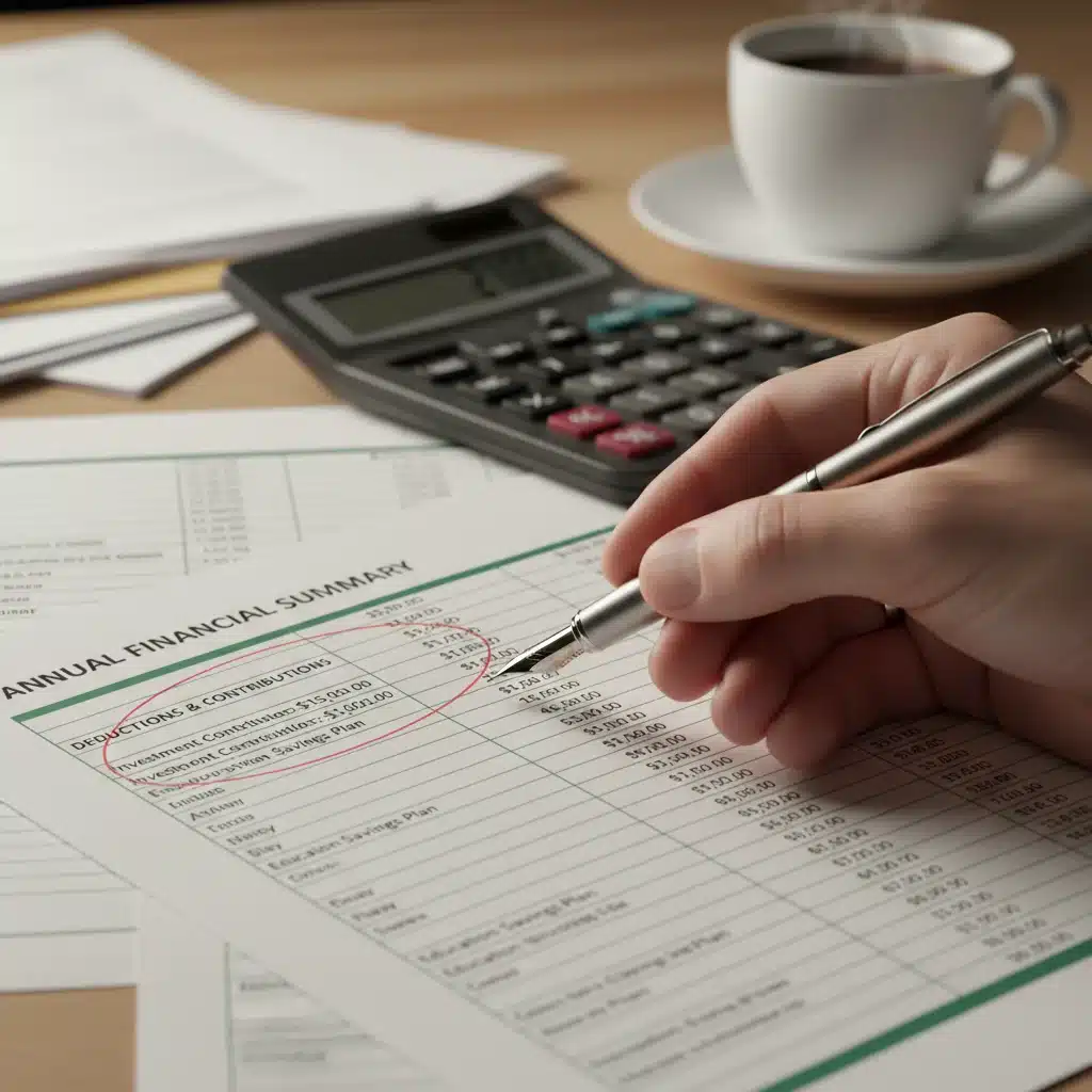 Hand reviewing tax documents and investment statements for year-end financial planning