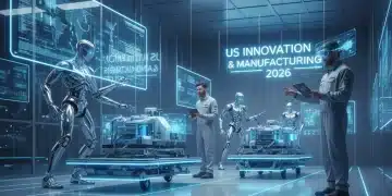 Advanced robotics and human collaboration in a modern US manufacturing facility, highlighting future productivity gains.