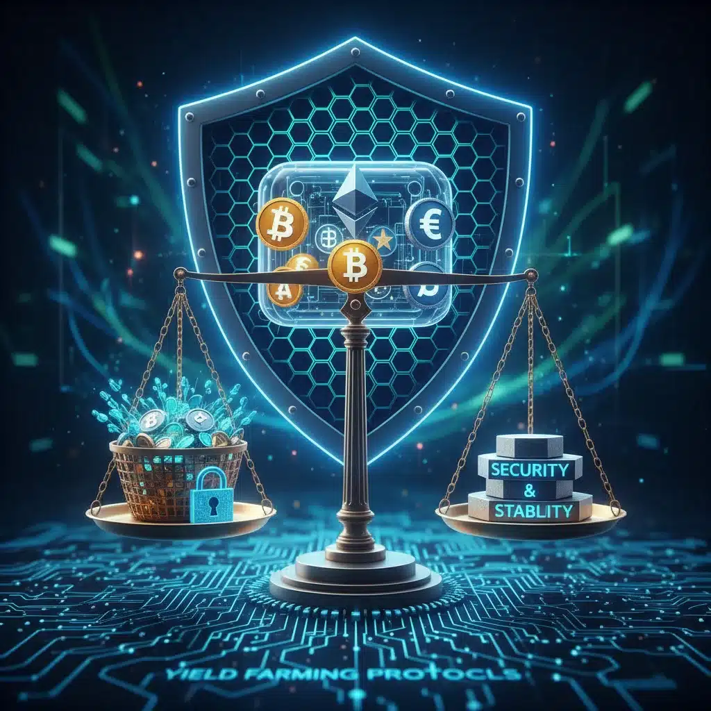 Shield protecting digital assets and balanced scale representing crypto risk management