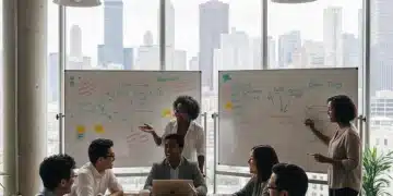 Diverse startup team collaborating happily in a modern U.S. office