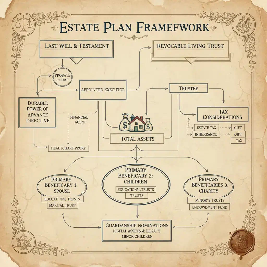 Intricate legal flowchart illustrating the interconnected components of a comprehensive estate plan.