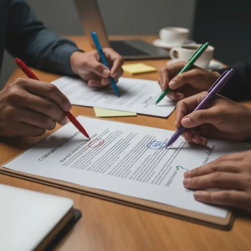 Multiple hands reviewing a detailed legal document related to corporate governance and liability for startups.