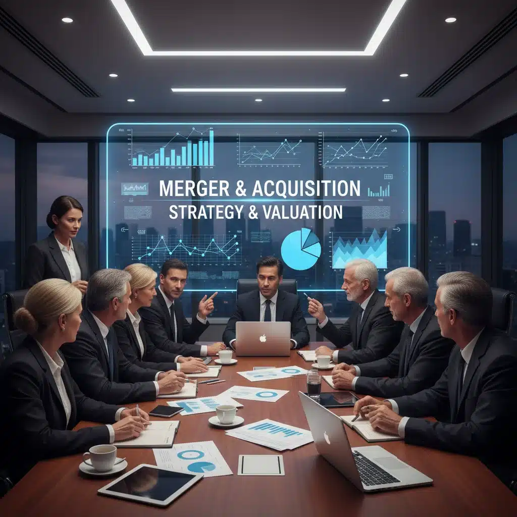 Business professionals discussing M&A strategies in a modern conference room.