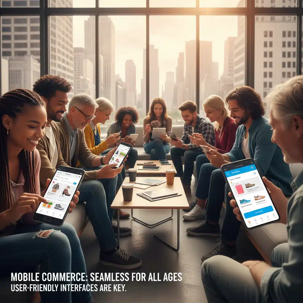 Consumers engaging in mobile commerce on various devices