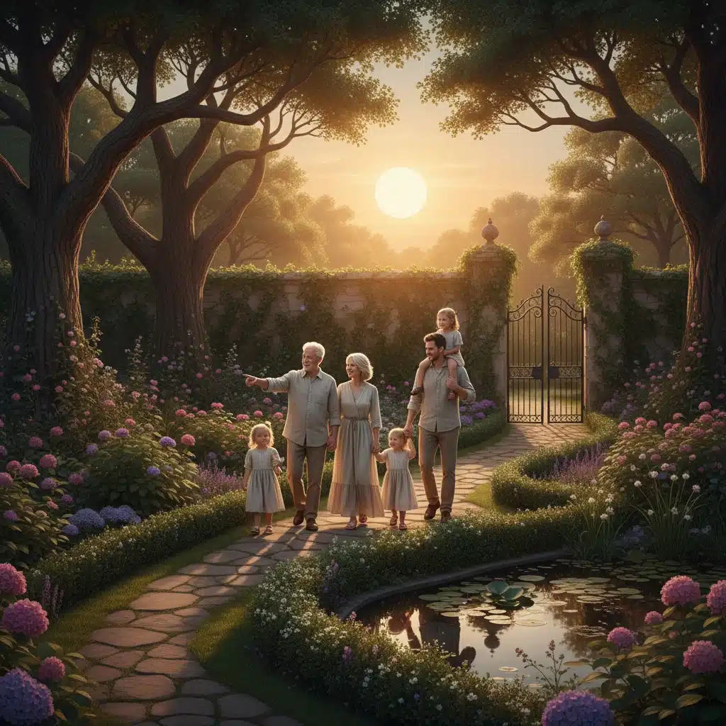 Multi-generational family enjoying a garden, symbolizing a secure and prosperous legacy.