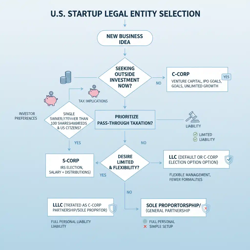 Infographic comparing LLC, C-Corp, and S-Corp legal entities for U.S. startups, showing decision factors.