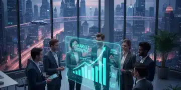 Startup team analyzing growth data on a holographic display, symbolizing rapid customer acquisition and scaling strategies for US startups.