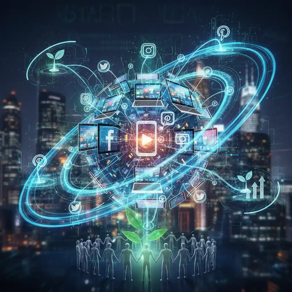 Digital network illustrating viral marketing and community engagement for rapid startup scaling.