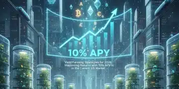 Digital farm with crypto symbols and 10% APY growth chart in US market