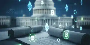 Illustration of a digital ledger with cryptocurrency symbols, legal documents, and the US Capitol, representing 2026 US crypto tax regulations.