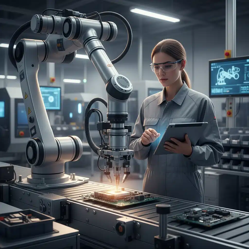Robotic arm and human technician collaborating in a modern factory