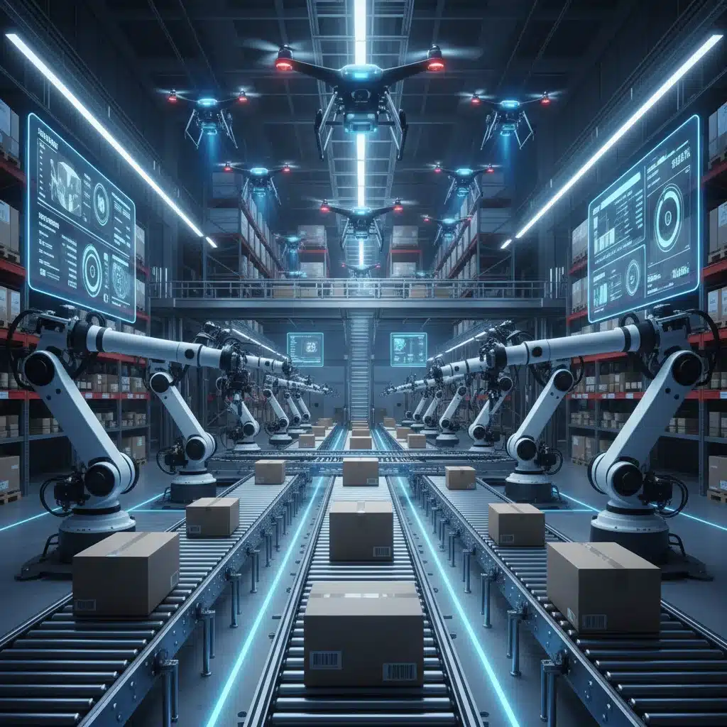Automated warehouse with robots and drones optimizing logistics operations.