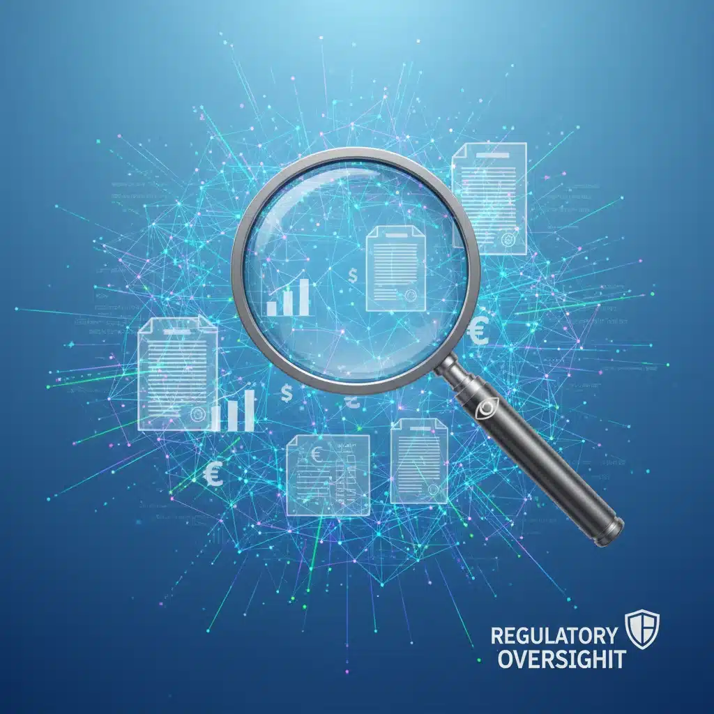 Abstract representation of blockchain technology with financial documents and a magnifying glass, illustrating regulatory scrutiny.