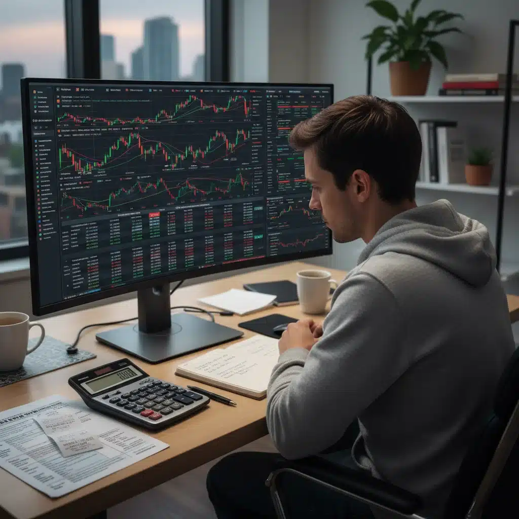 An investor analyzing cryptocurrency charts and tax documents, emphasizing the need for careful financial planning.