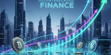 Decentralized finance growth chart with blockchain network