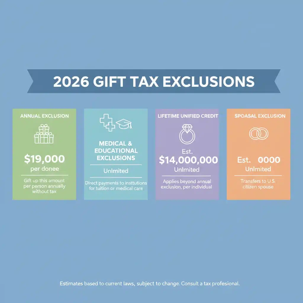Infographic detailing various gift tax exclusions for 2026