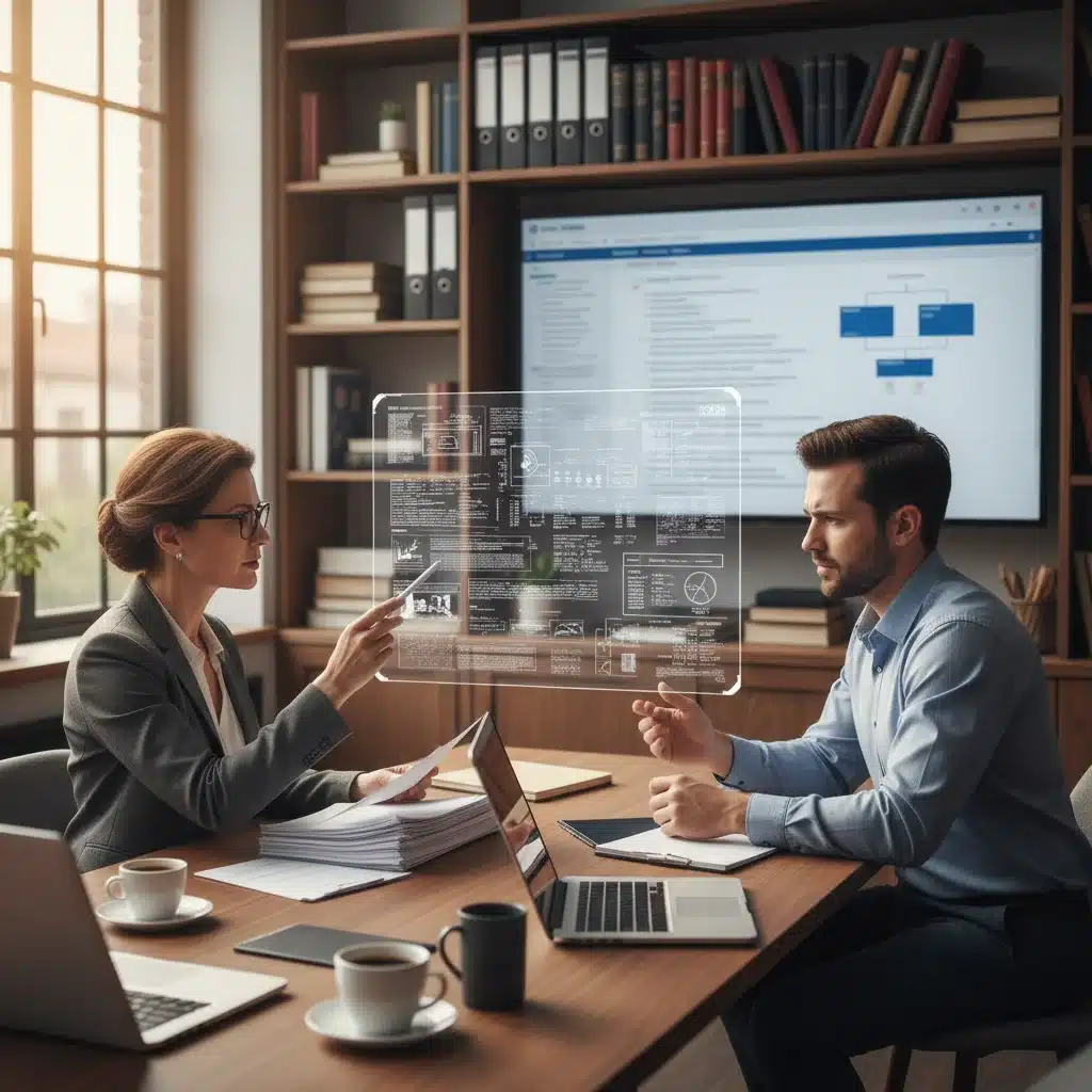 Patent attorney explaining intellectual property filings to a CEO