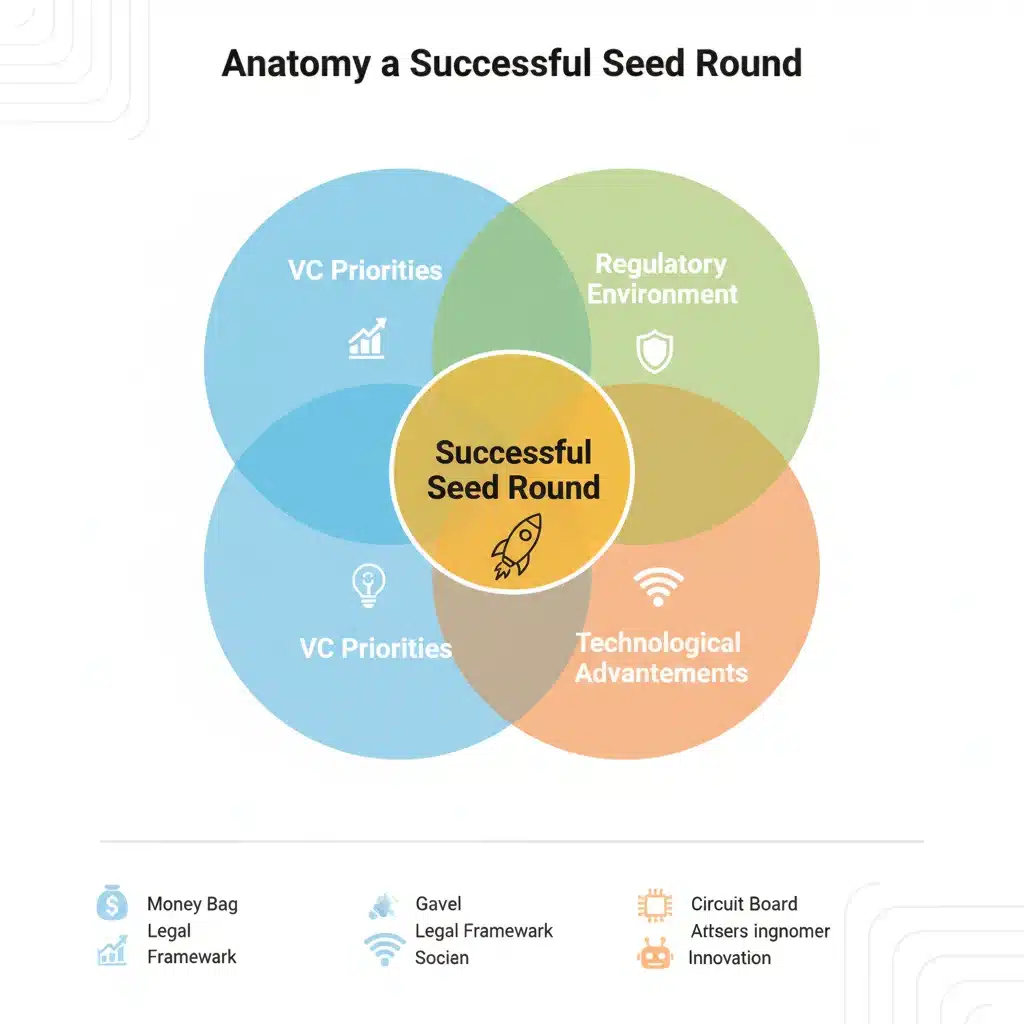 Infographic illustrating the intersection of VC priorities, regulations, and technology for seed funding success.