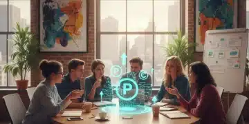 Startup founders strategizing with intellectual property symbols