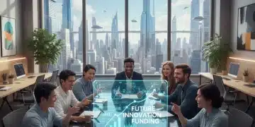 Entrepreneurs collaborating on futuristic financial projections for startup funding in 2026.
