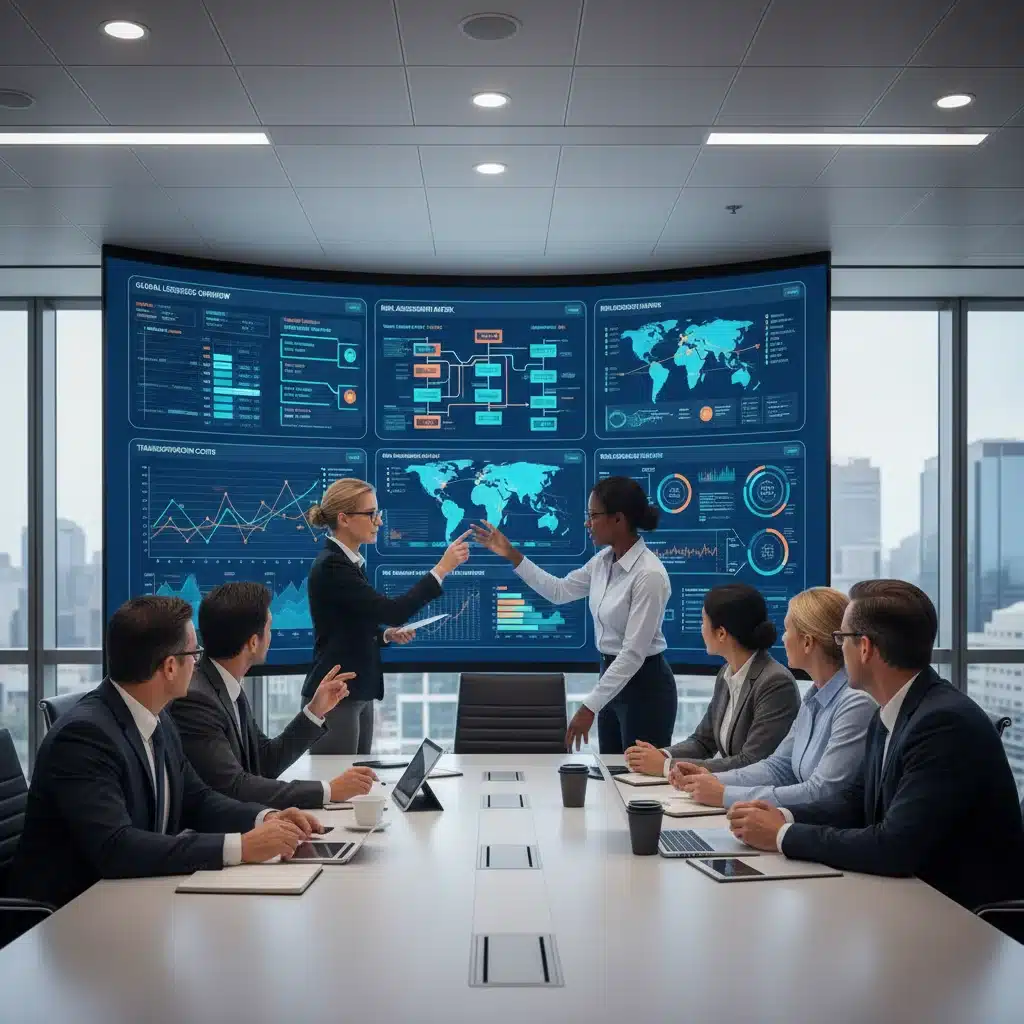 Business leaders analyzing supply chain data and risk reports on a large screen.