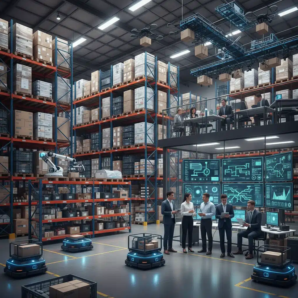 Automated warehouse with logistics team, showcasing advanced supply chain technology.