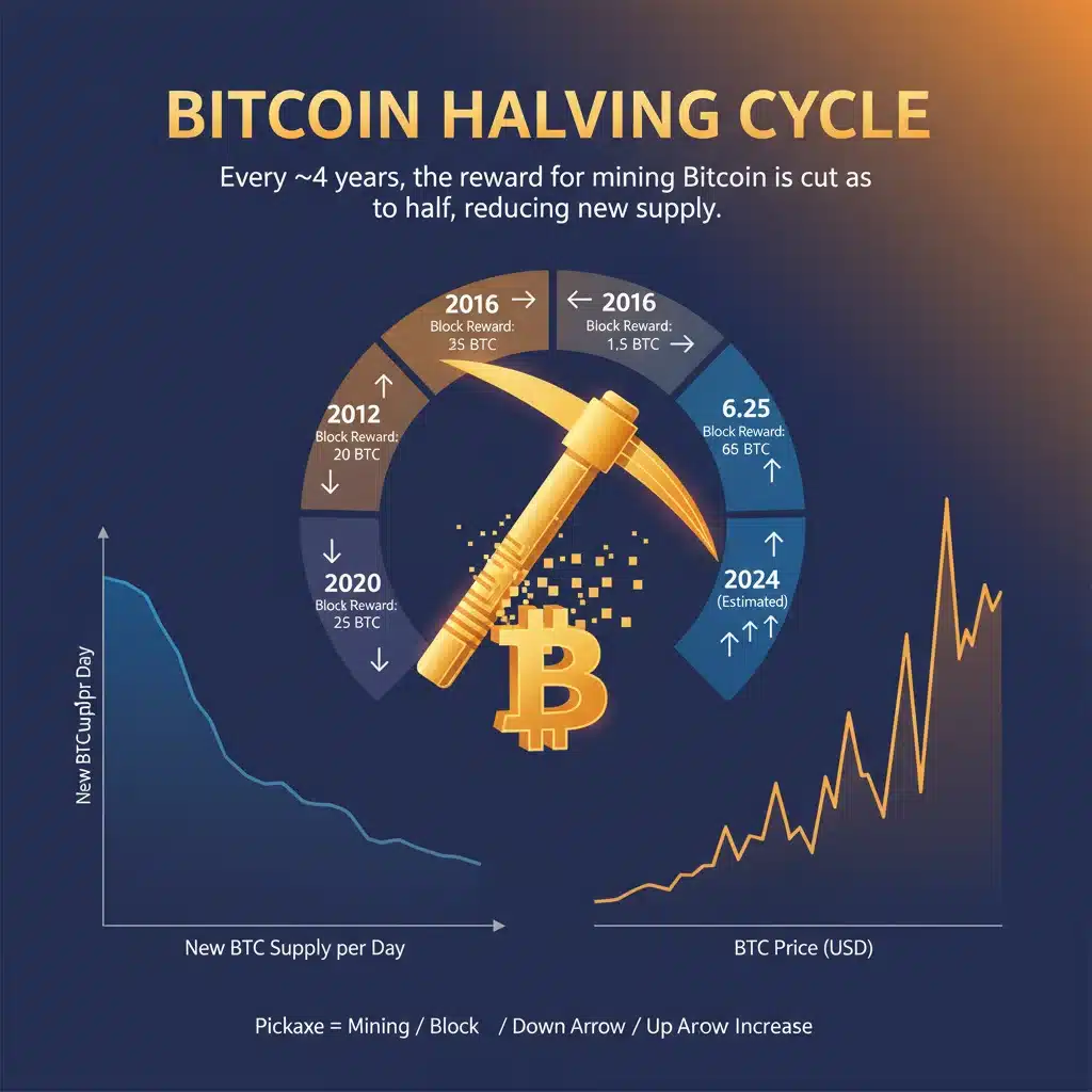 Infographic illustrating Bitcoin halving cycle and its impact on supply.