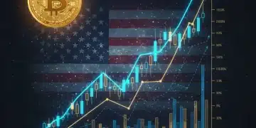 Bitcoin price chart ascending with US flag background, symbolizing growth for American investors.