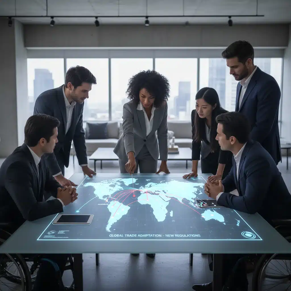 Business team collaborating on global trade strategy in response to new regulations.