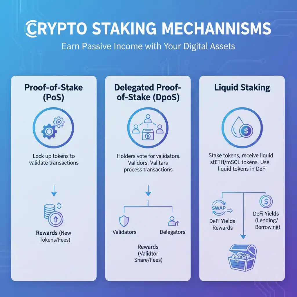 Infographic showing various types of crypto staking mechanisms