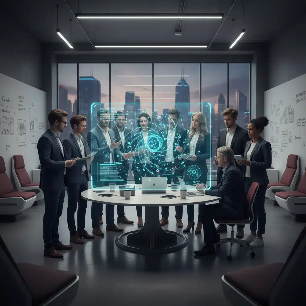 Diverse group collaborating around a holographic display, symbolizing DAO governance and decision-making.