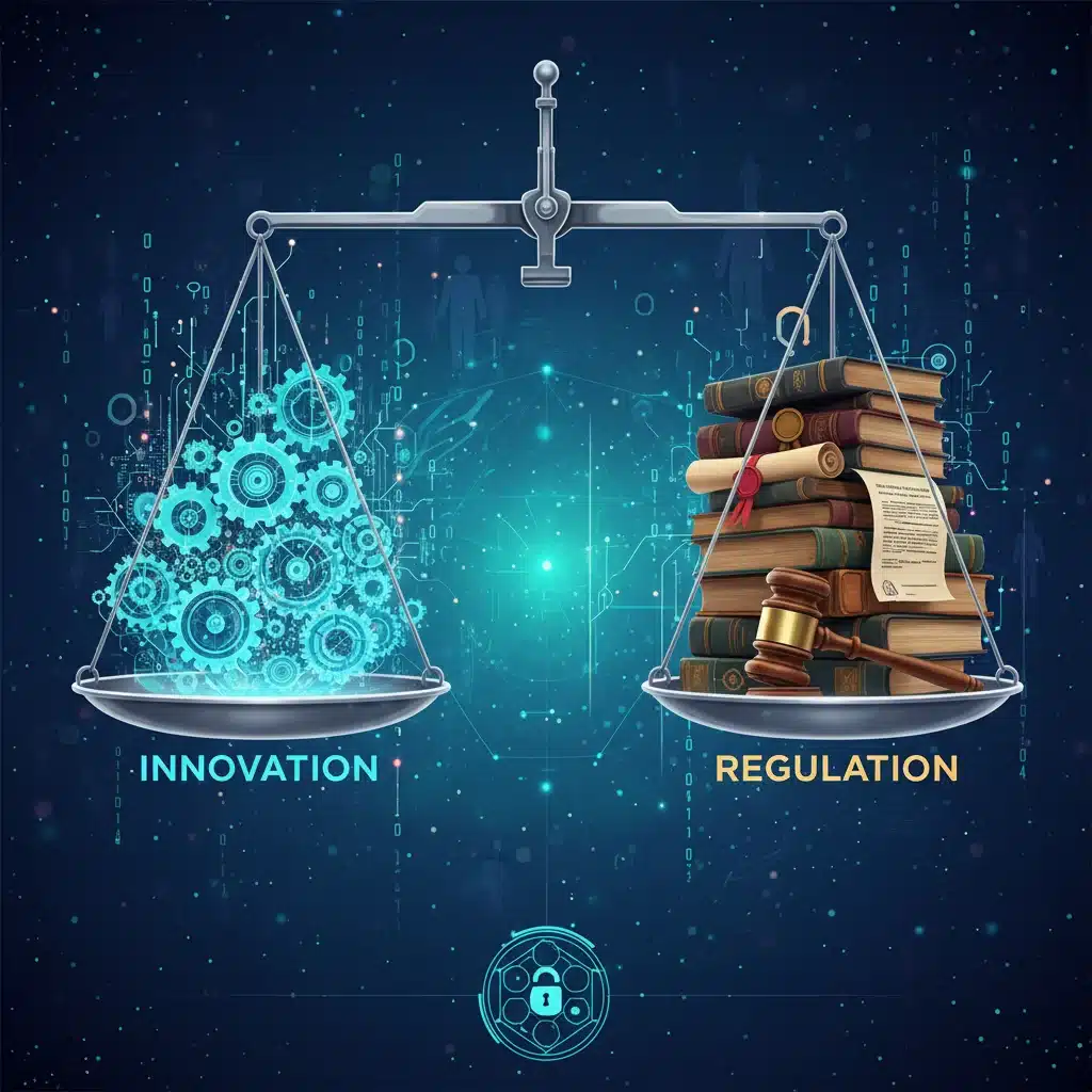Balanced scale illustrating innovation versus regulation in the context of DAOs.