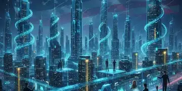 Futuristic cityscape with blockchain connections and US flag overlay, symbolizing DAO investments in 2026.