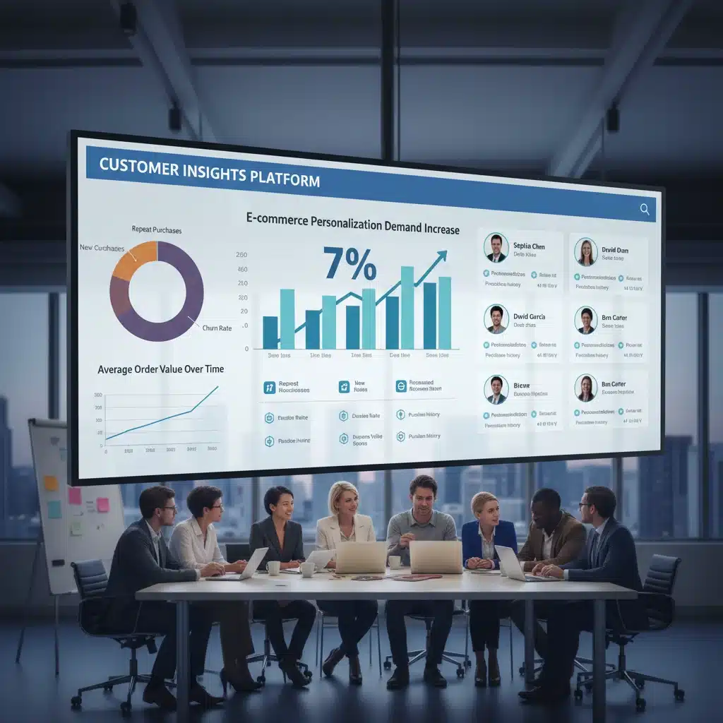 Data analytics dashboard showing customer behavior and personalization trends.