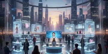 Futuristic retail space with personalized digital displays and diverse shoppers.